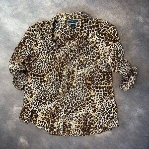 Karen Scott Leopard Print Longsleeve Button-Down Top XL Cotton
